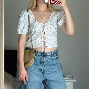 Abound White Floral Tie-Front Top